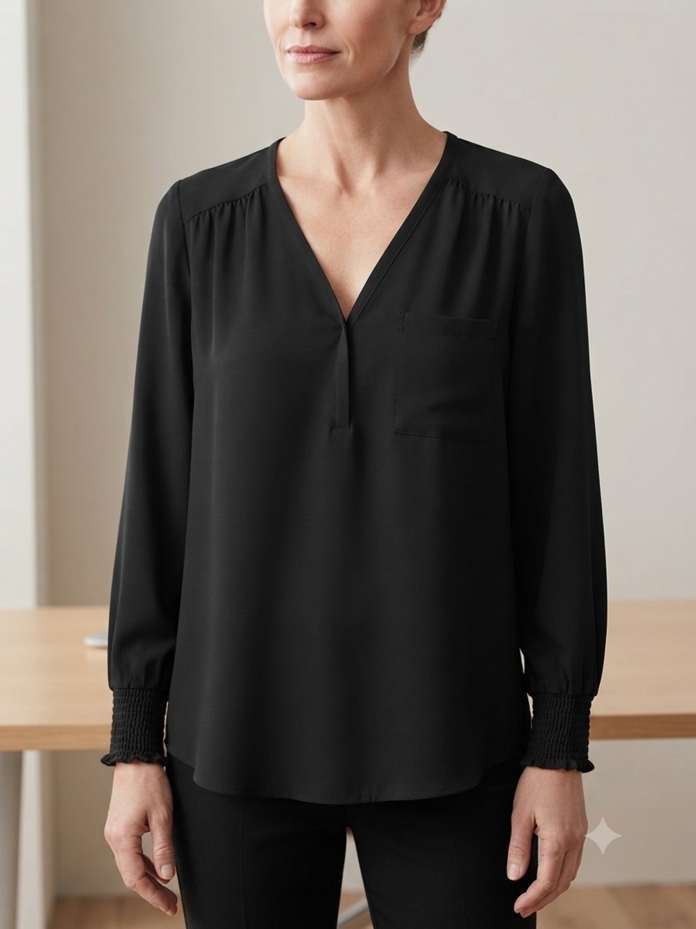 Pleione Black Pleated Split Neck Smocked Cuff Blouse Size Small
